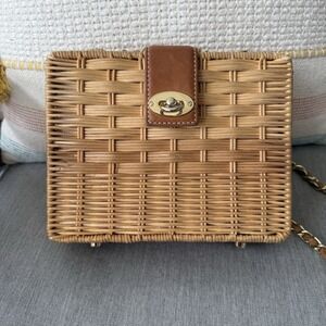 J McLaughlin Wicker Rattan Christina Crossbody Bag Leather Trim Gold Turn Lock
